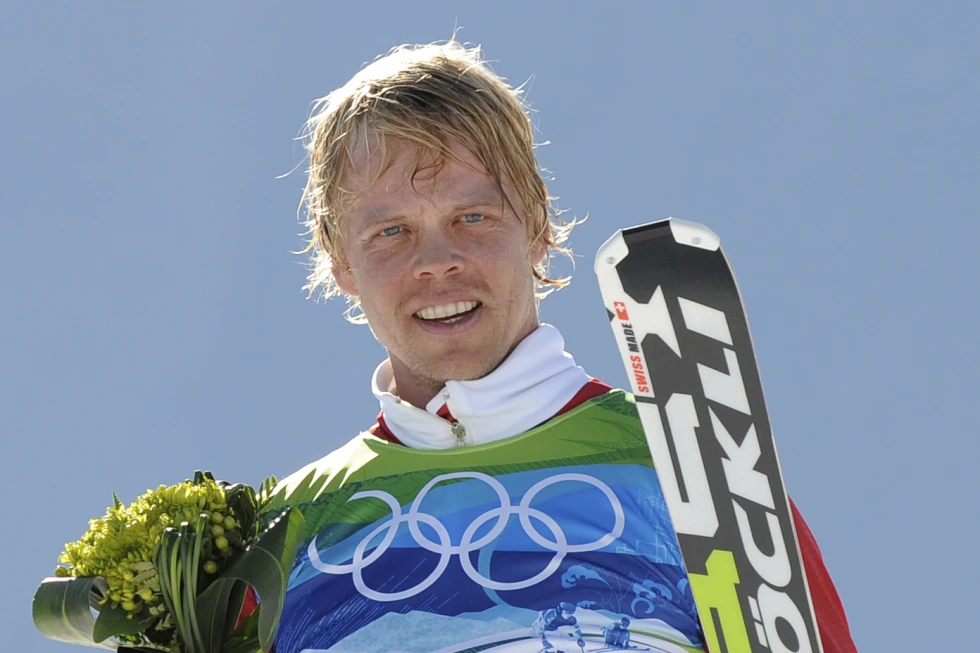 Audun Groenvold of Norway celebrates after taking third place in the men’s skicross competition at the Vancouver 2010 Olympics in Vancouver, British Columbia, Sunday, Feb. 21, 2010. (AP Photo/Mark J. Terrill, File)